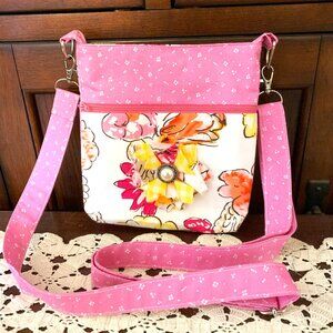 Handmade Cotton Crossbody Bag w/ Zip Front Pocket & Shabby Chic Flower